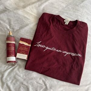 Sabrina Carpenter Bundle: Burgundy Graphic Tee, Cherry baby perfume and mist